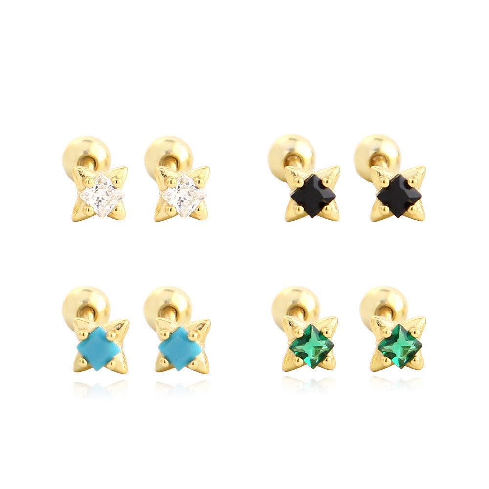 Pendientes de Clavillo para Cartílago con Estrella de Cuatro Puntas Delicada Mini, Engaste de Piedra, Plata de Ley 925 con Cierre de Tornillo