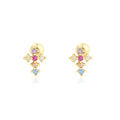 Pendientes de botón de plata de ley 925 con piedras de zirconia cúbica multicolor en forma de cruz