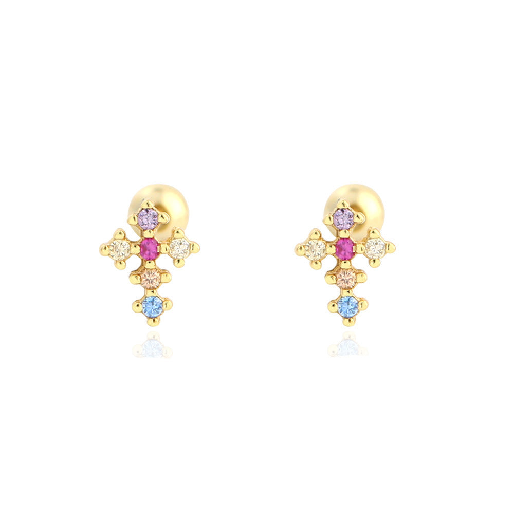 Pendientes de botón de plata de ley 925 con piedras de zirconia cúbica multicolor en forma de cruz