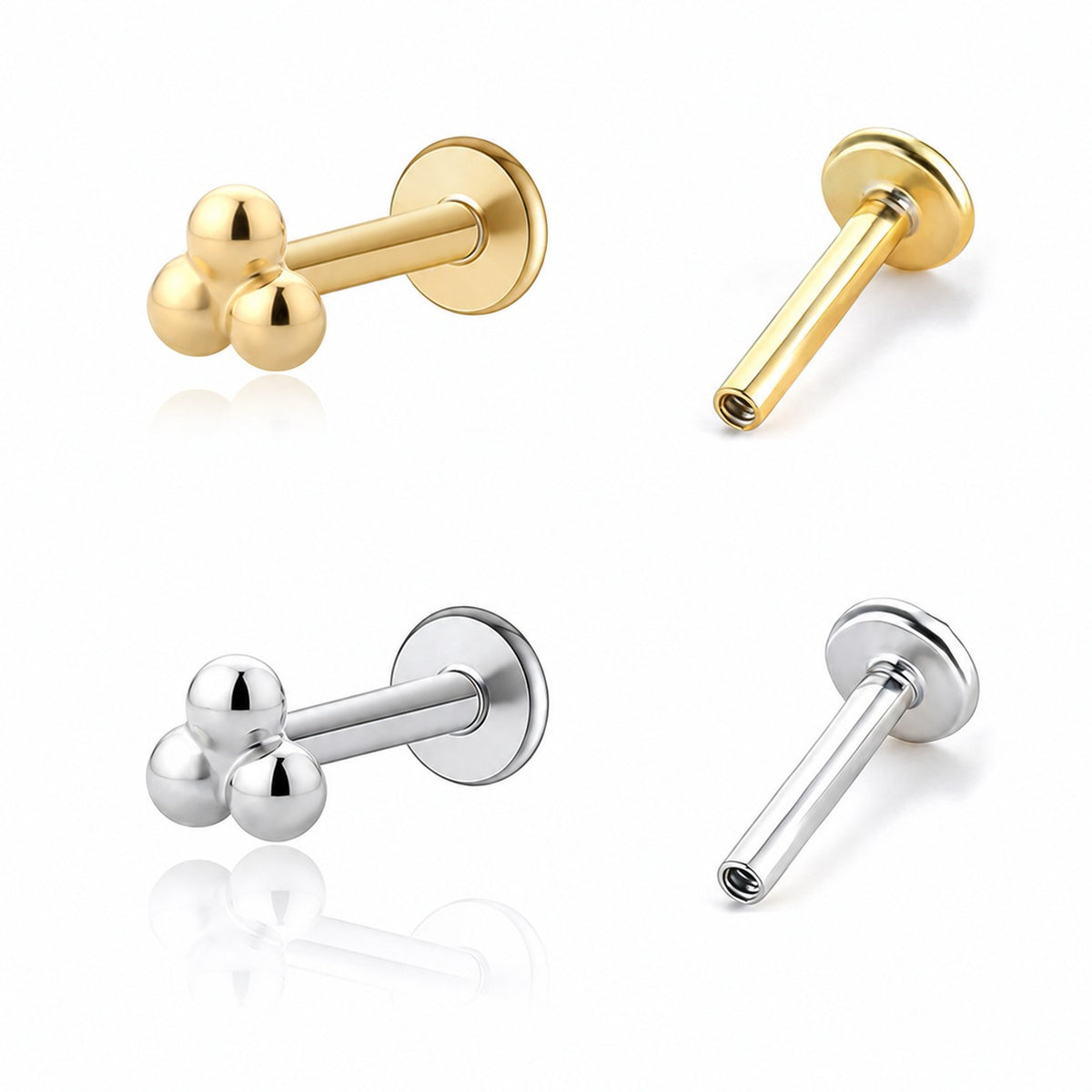 Geometric Triple Bead S925 Sterling Silver Internally Threaded Flat Back Ear Stud Earrings (Single)