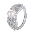 Elegant Fashion Women Floral Cluster Statement Flower Pearl Bead Cubic Zirconia Solid 925 Sterling Silver Open Ring