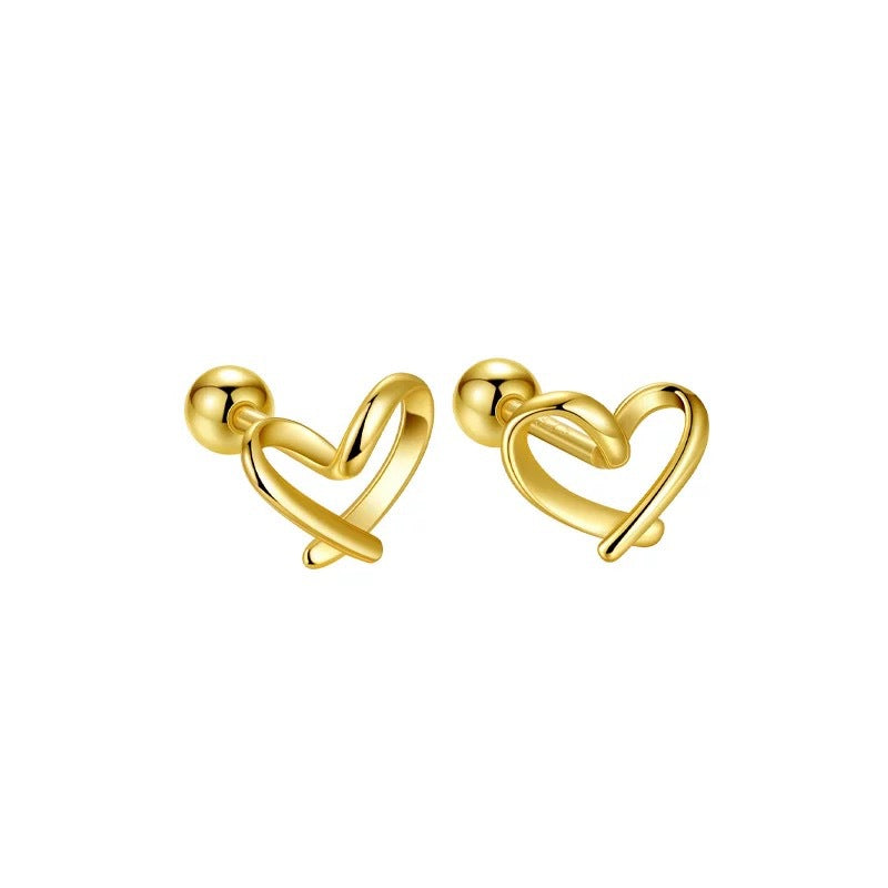 Minimalist Heart S925 Sterling Silver Threaded Screw Back Hollow Heart Polished Stud Earrings