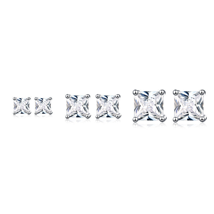Princess Cut Cubic Zirconia Four Prong 925 Sterling Silver Stud Earrings Geometric White Gold Color Minimal Unisex Earrings