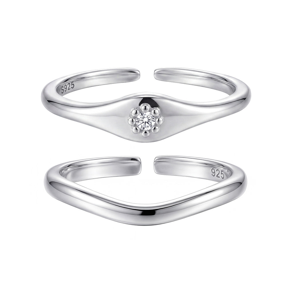 Minimalist Modern Geometric Wave 925 Sterling Silver Ring with Cubic Zirconia Adjustable Ring