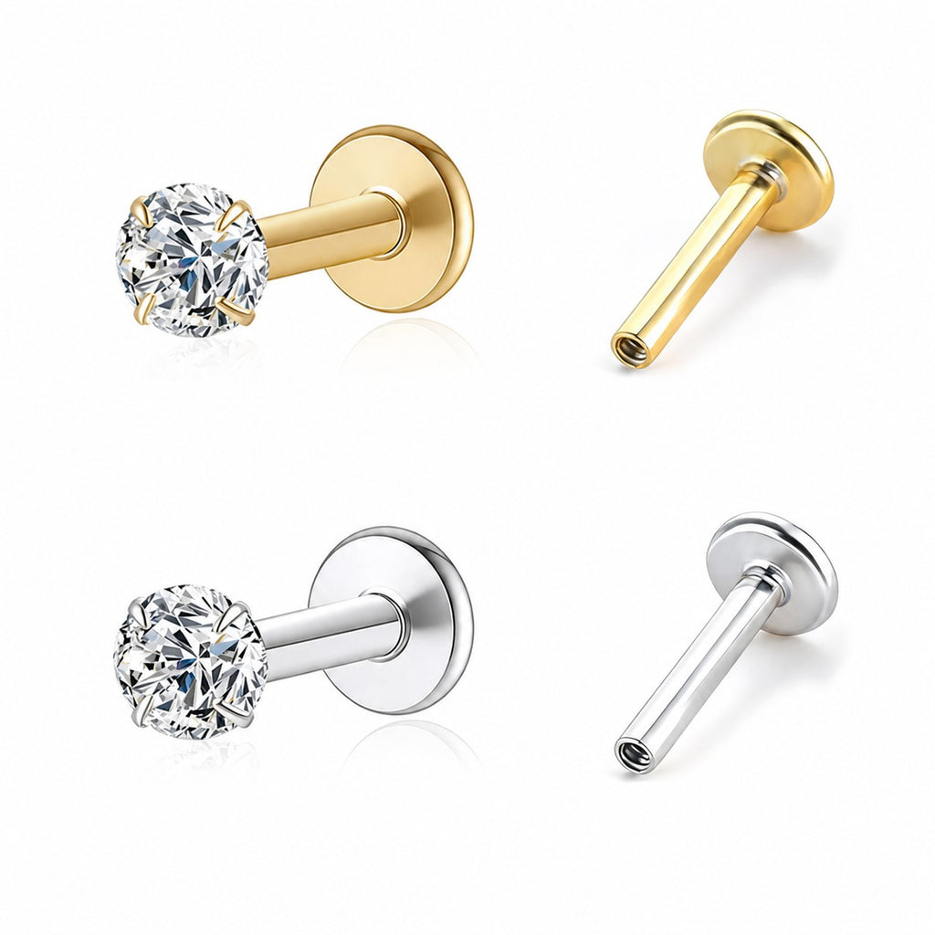 Round Clear Cubic Zirconia Four Prong 925 Sterling Silver Minimalist Modern Cartilage Helix Tragus Piercing Stud Earring(Single)