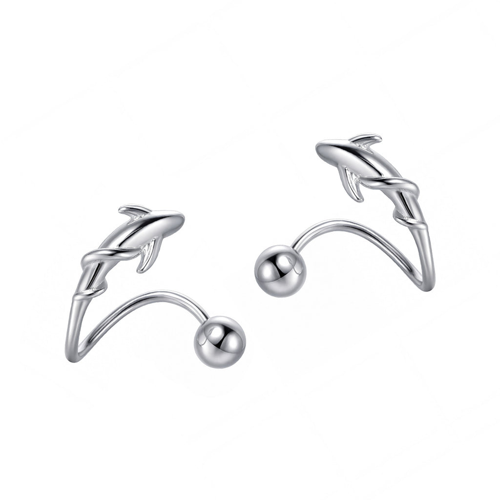 Swimming Fish-Shaped Curved Ball Back Design 925 Sterling Silver Animal Themed Stud Earrings