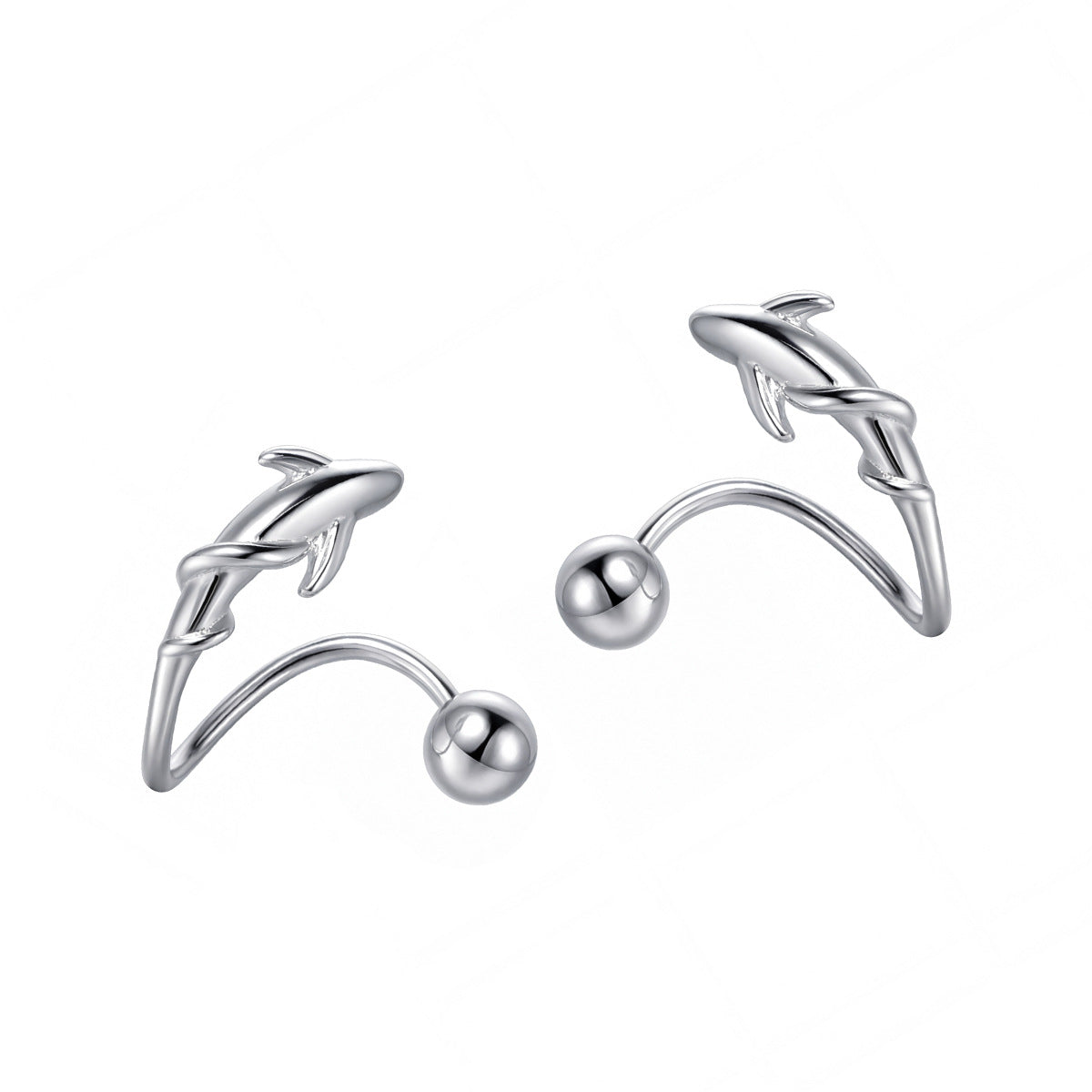 Swimming Fish-Shaped Curved Ball Back Design 925 Sterling Silver Animal Themed Stud Earrings