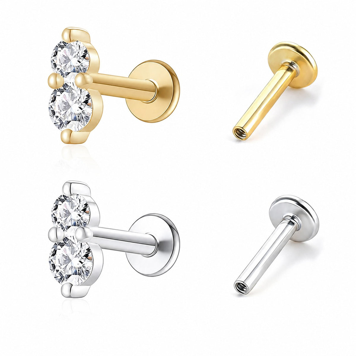 Cubic Zirconia Geometric Double Round Flat Back Ear 925 Sterling Silver Stud Earring (Single)