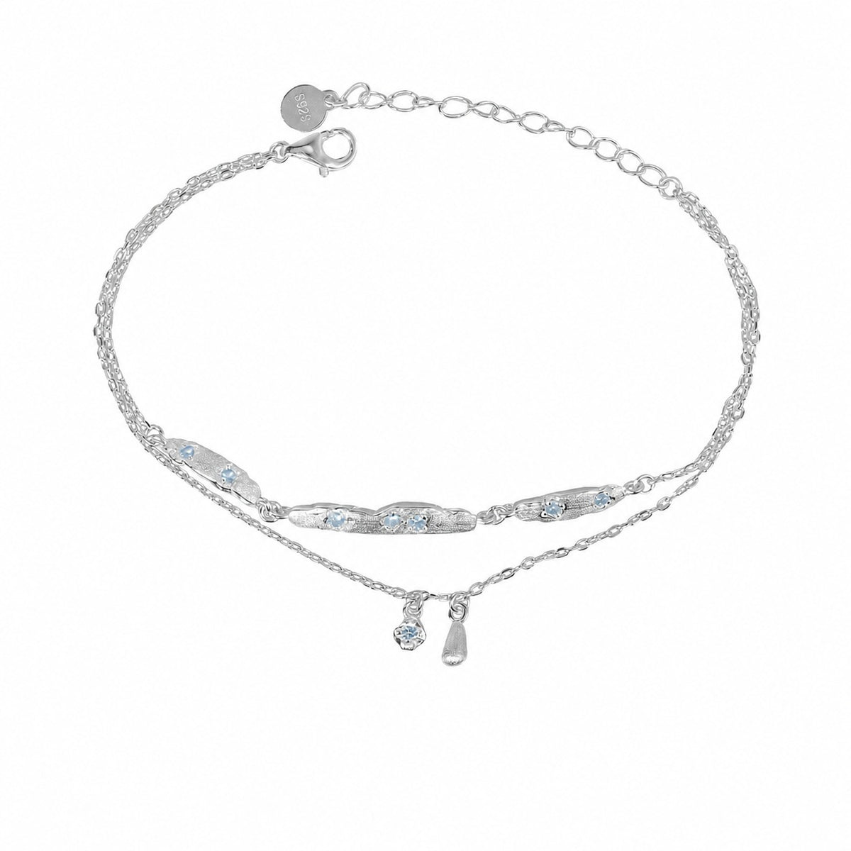 Cubic Zirconia Double Layer Teardrop Pendant with 925 Sterling Silver Brushed Texture Irregular Bar Link Bracelet