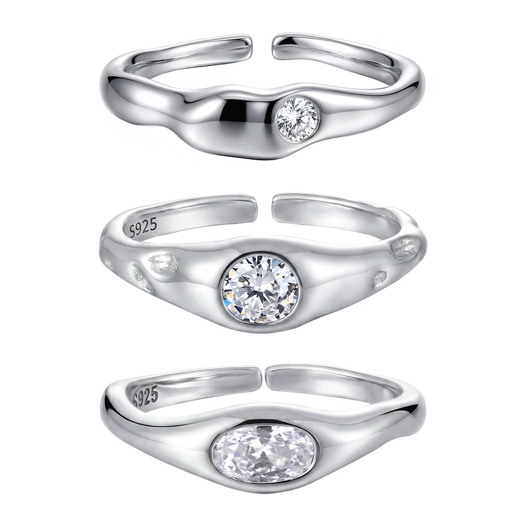 Cubic Zirconia Geometric Oval and Round Setting  925 Sterling Silver Adjustable Open Band Minimalist Wavy Ring