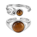 Natural Tiger's Eye 925 Sterling Silver Natural Stone Adjustable Open Band Wide Rimmed Leaf-Shaped Twisted Ring