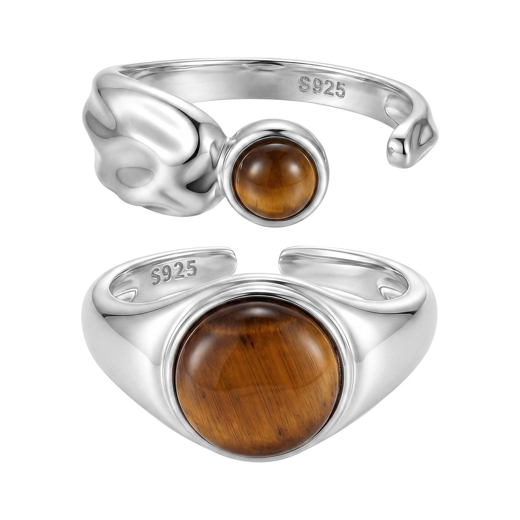 Natural Tiger's Eye 925 Sterling Silver Natural Stone Adjustable Open Band Wide Rimmed Leaf-Shaped Twisted Ring