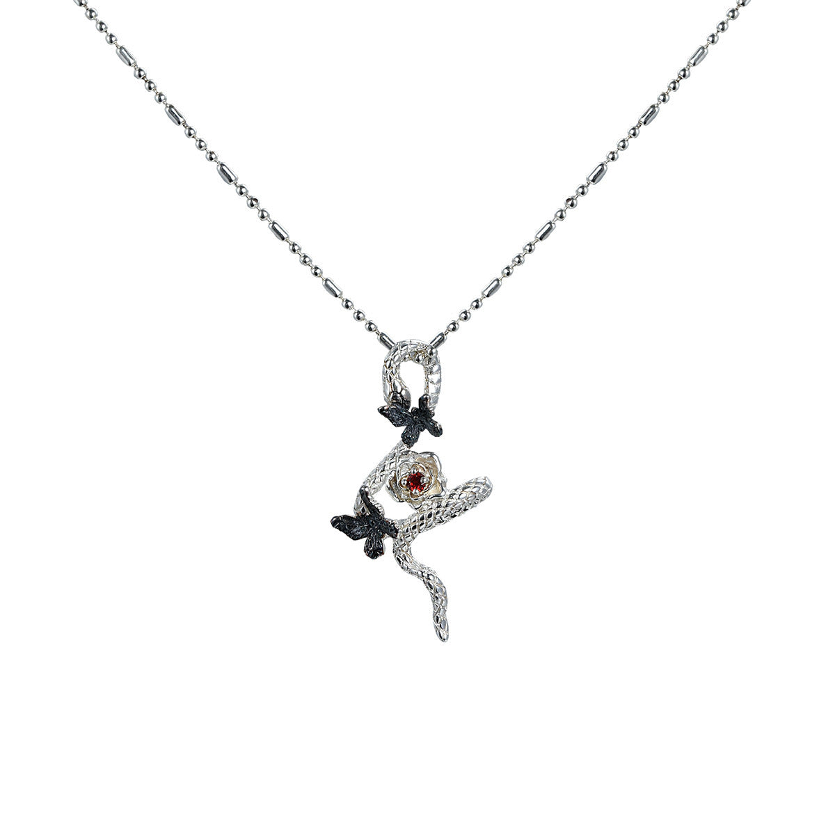 Snake Butterfly Zircon and Red Gemstone Flower Pendant on a 925 Sterling Silver Necklace