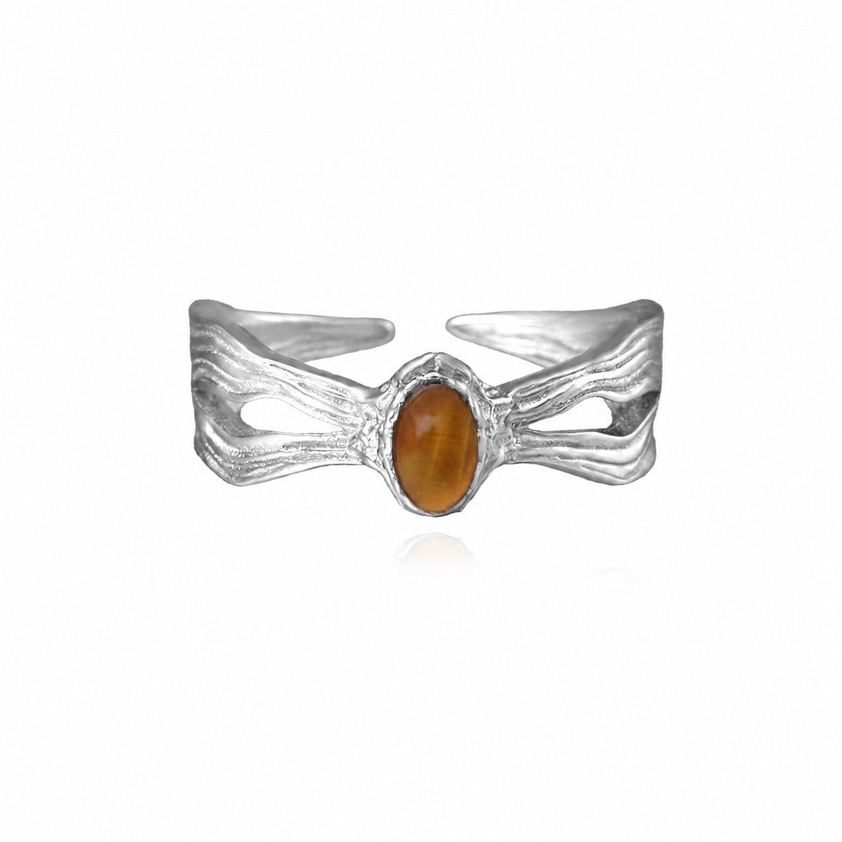 Natural Brown Tiger Eye Oval Cabochon 925 Sterling Silver Ring with Wavy Texture and Openwork Design  Ring