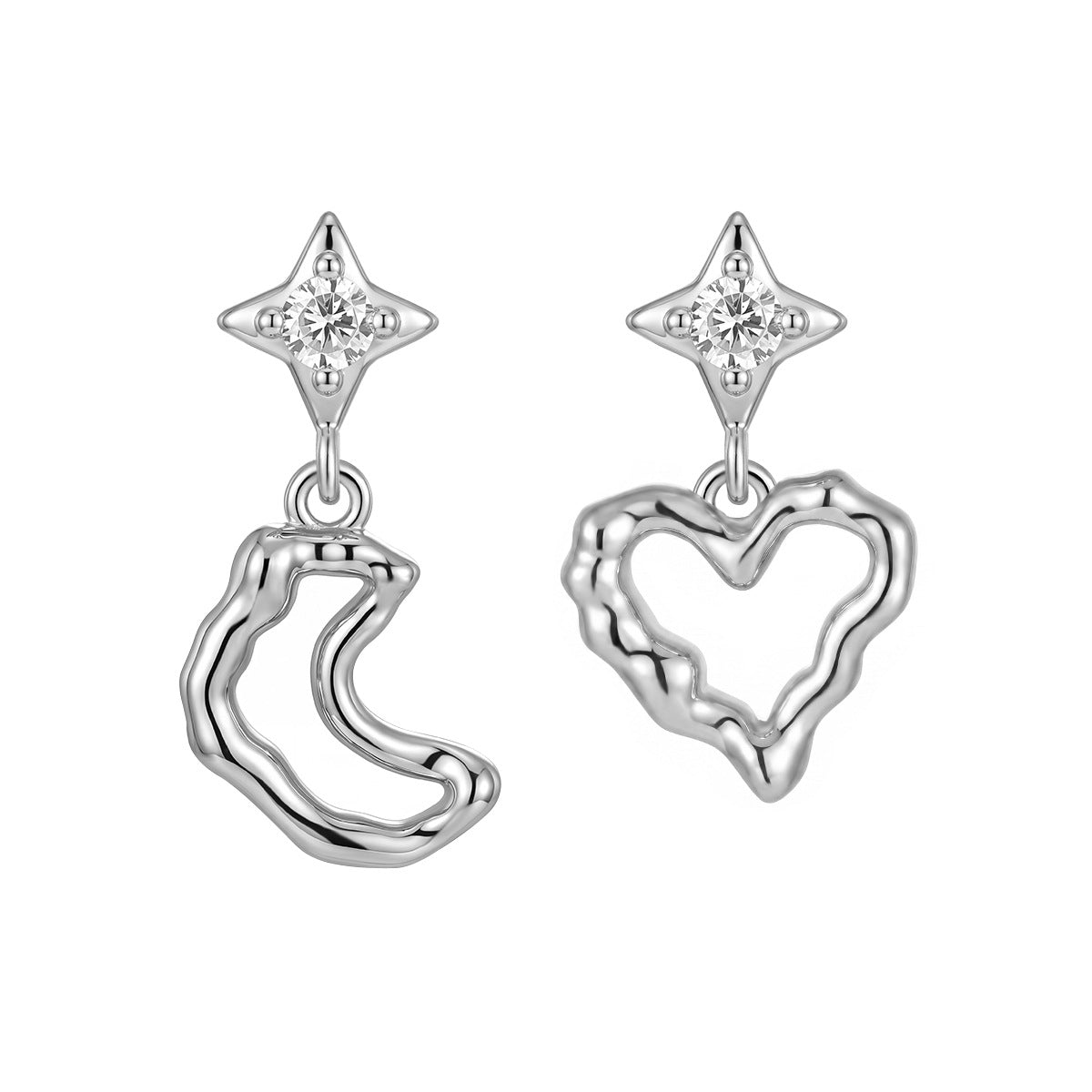 Asymmetrical Irregular Textured Heart 925 Sterling Silver Crescent Moon Cubic Zirconia Stud Drop Earrings