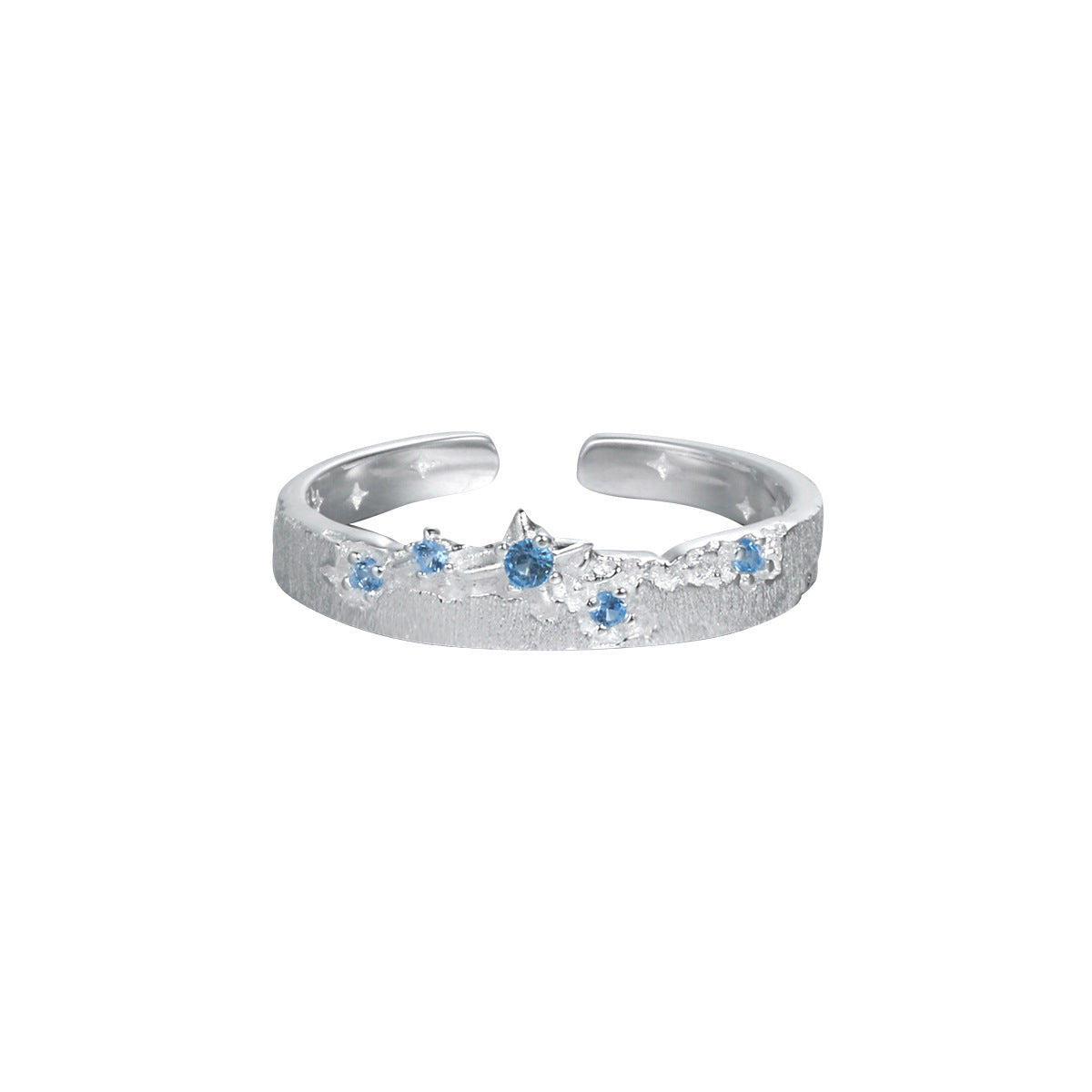 Anillo ajustable de plata de ley 925 con patrón de estrella y textura cepillada, circonia cúbica azul