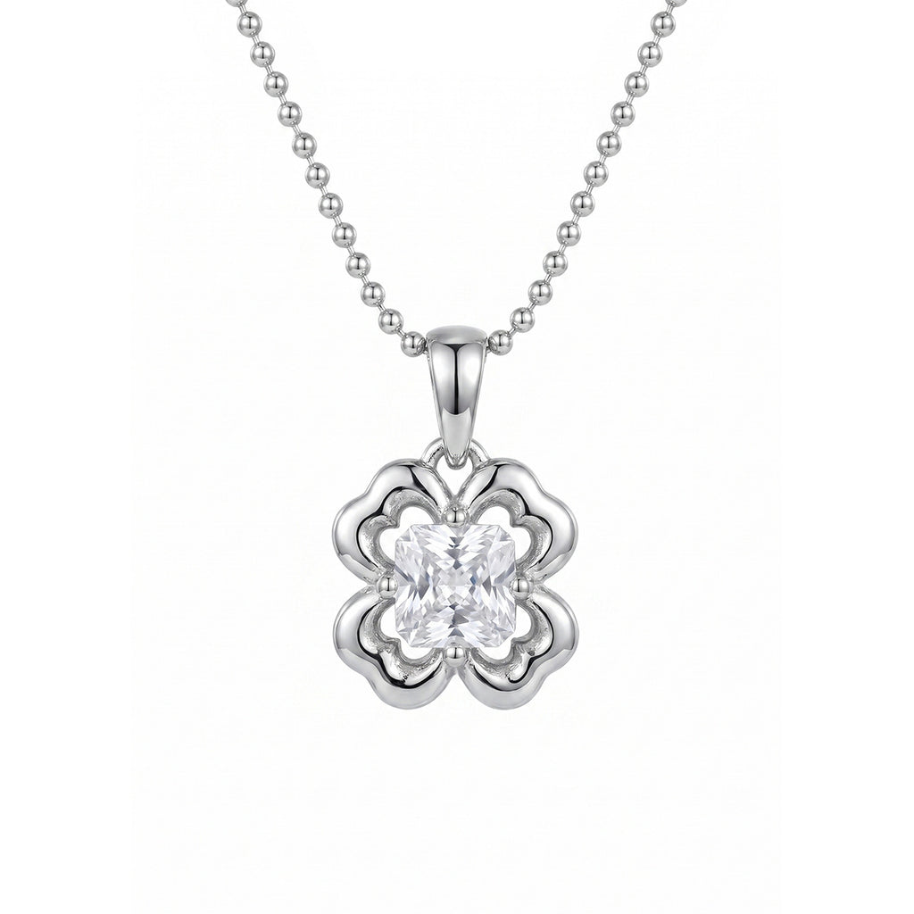 Collar de cadena de bolas de plata de ley 925 con circonia cúbica y flor de trébol