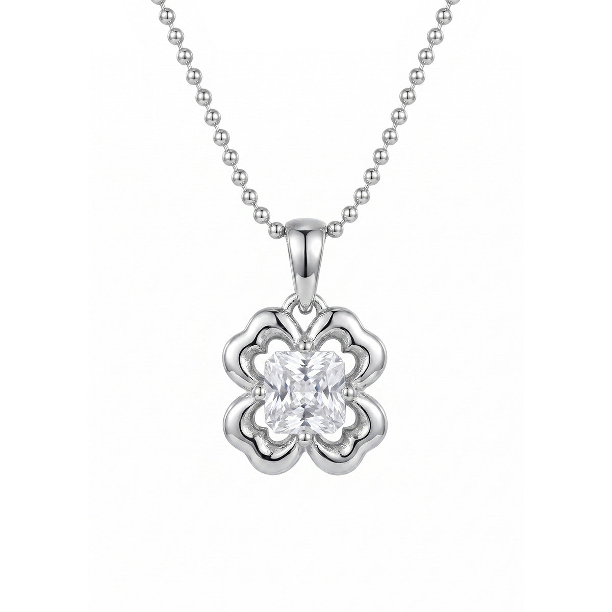 Collar de cadena de bolas de plata de ley 925 con circonia cúbica y flor de trébol