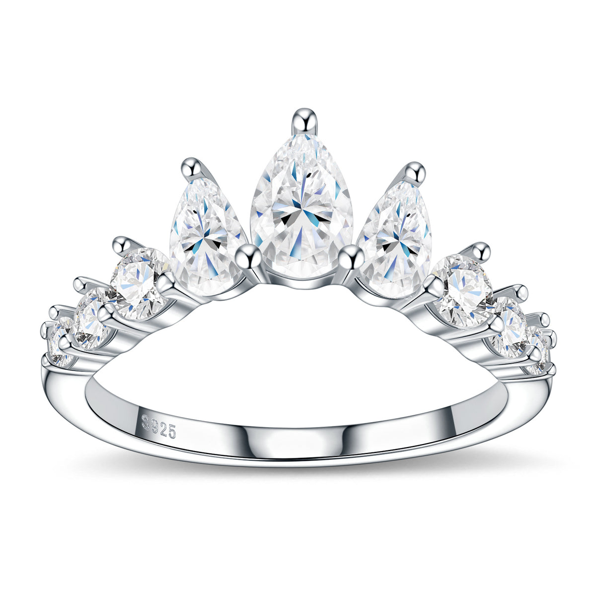 Anillo minimalista de corona con ola y perla de moissanita en plata esterlina 925
