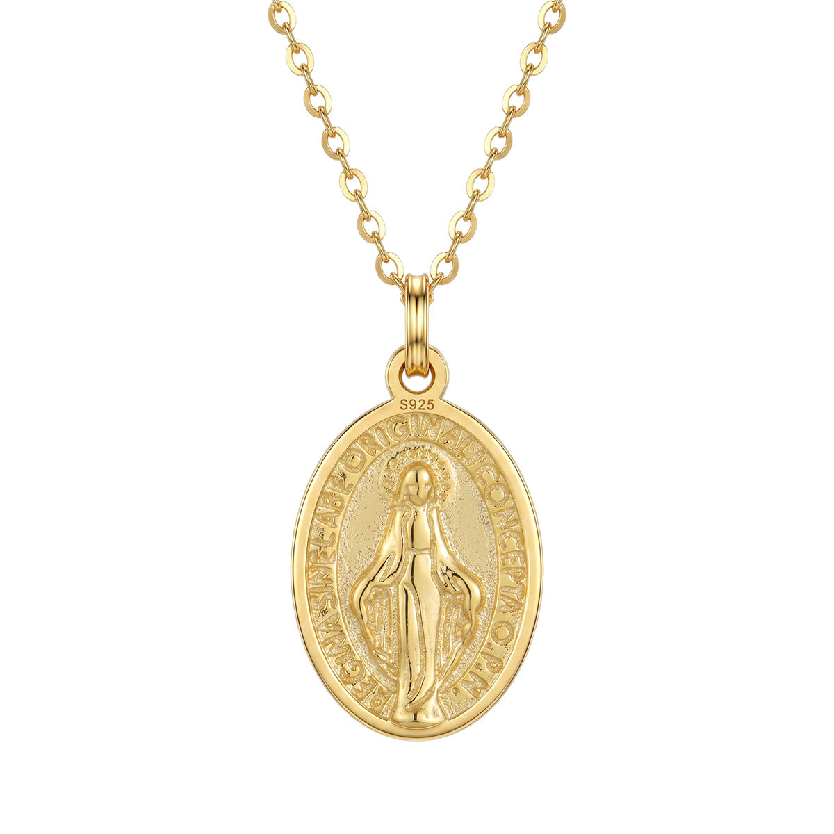 Religious Oval Virgin Mary Medallion S925 Sterling Silver Adjustable Chain Necklace