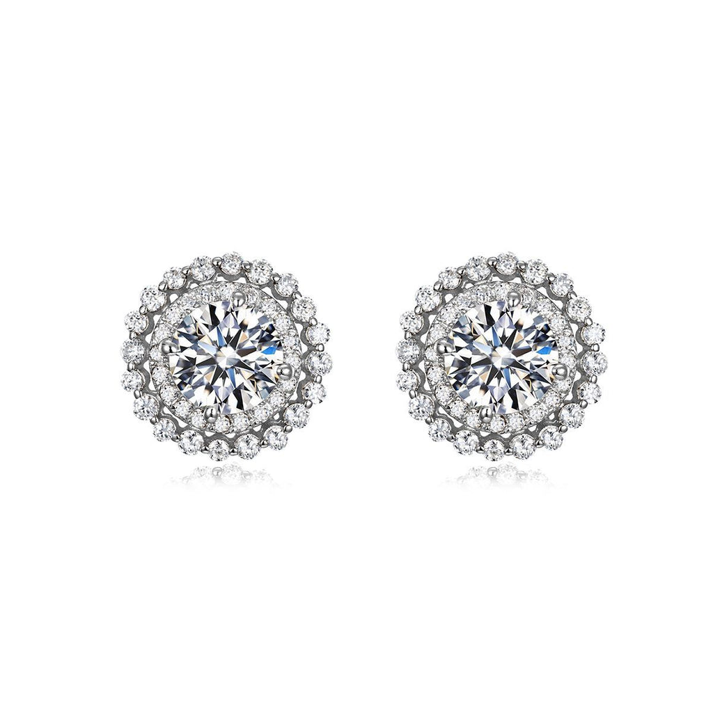 Moissanite Double-Layer Halo Round 925 Sterling Silver Stud Earrings