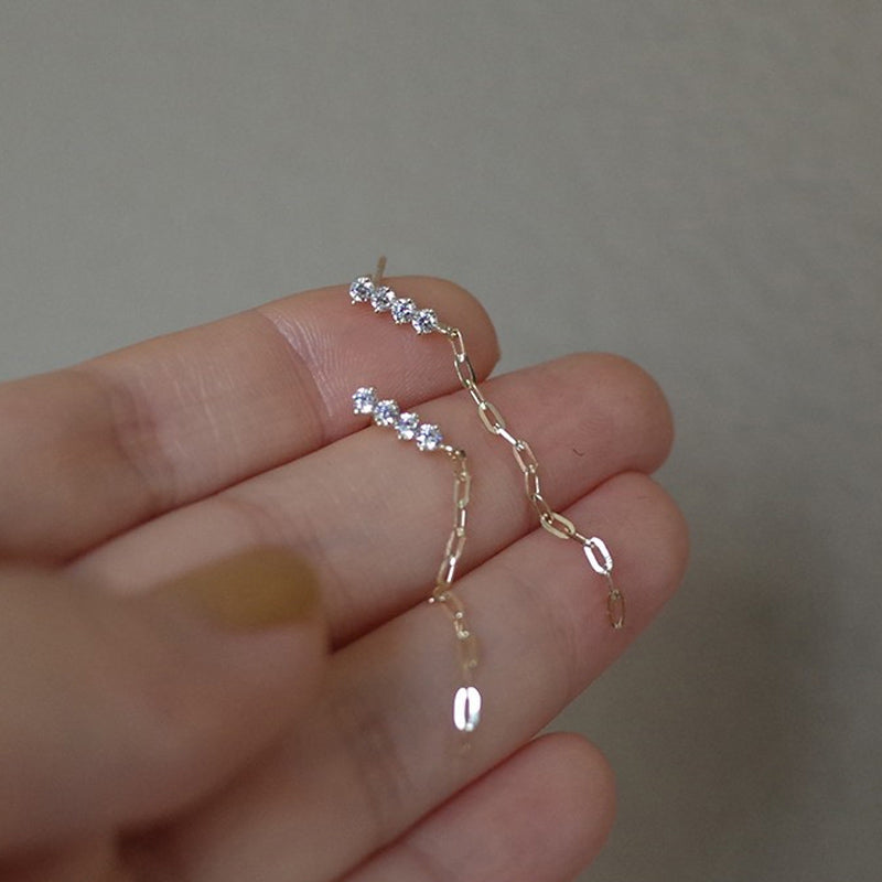 Joyería de moda para mujer Pendientes de botón colgantes con cadena larga de borla y cinco piedras de circonia cúbica en plata de ley 925