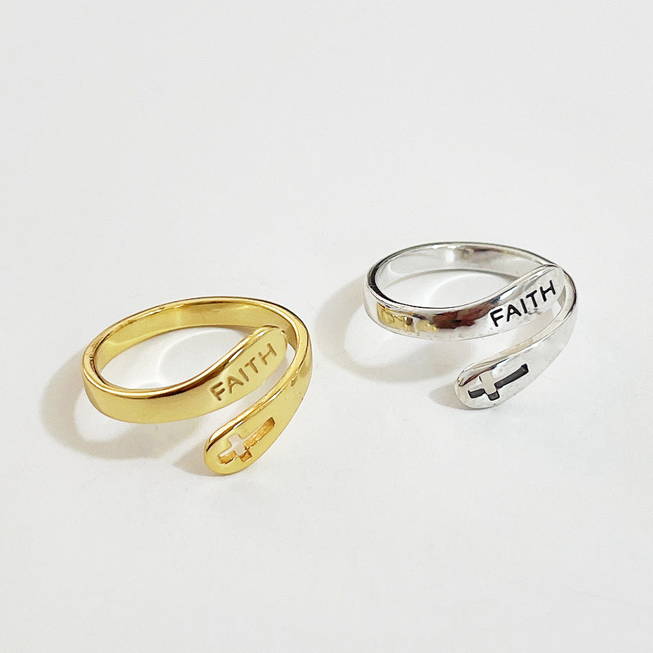 Anillo abierto con cruz y letra de fe religiosa minimalista para mujer, vintage, de plata esterlina 925 ajustable