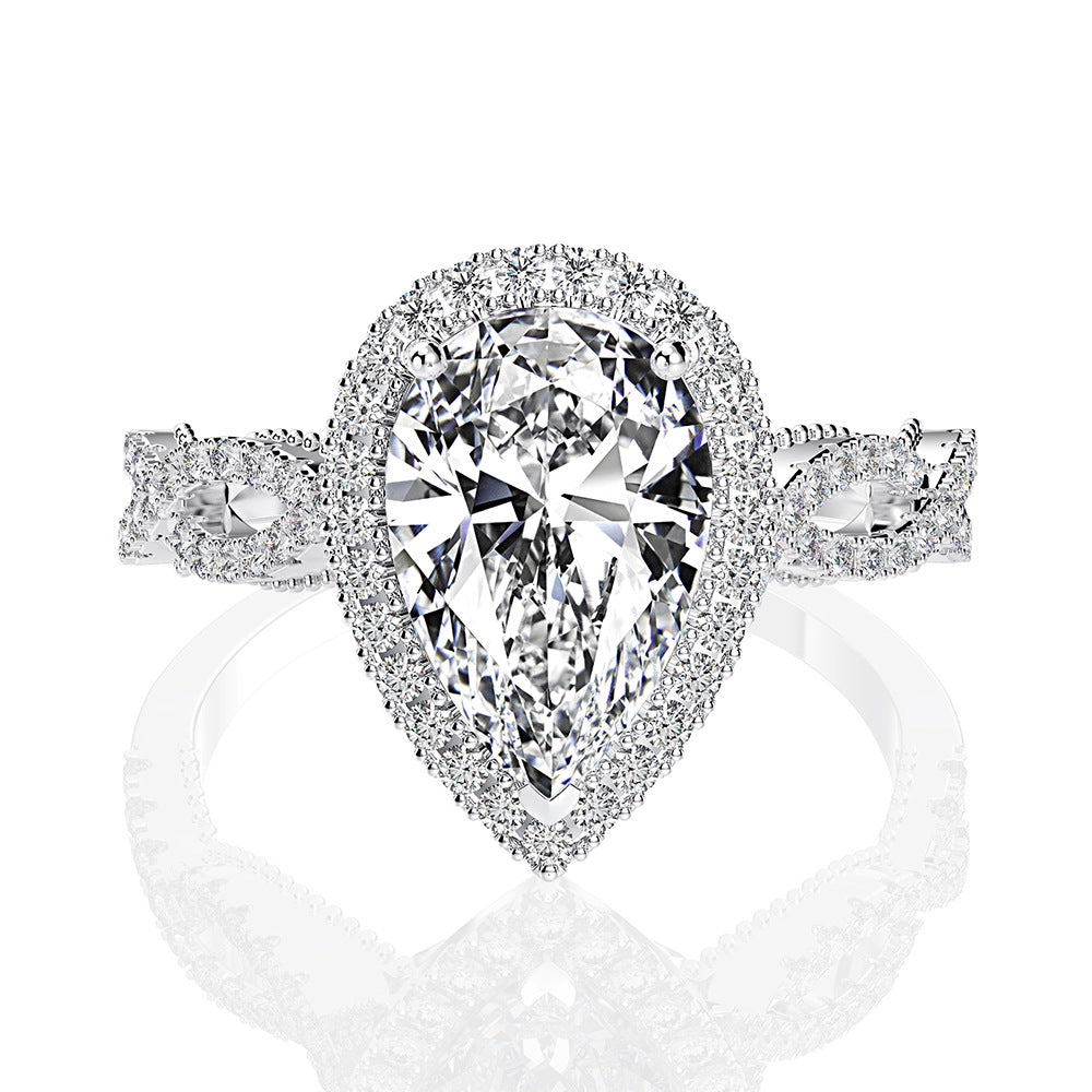 Anillo de halo con forma de lágrima de diamante blanco, banda bifurcada y piedras laterales de talla marquesa, anillo de boda de plata de ley 925, regalo de aniversario