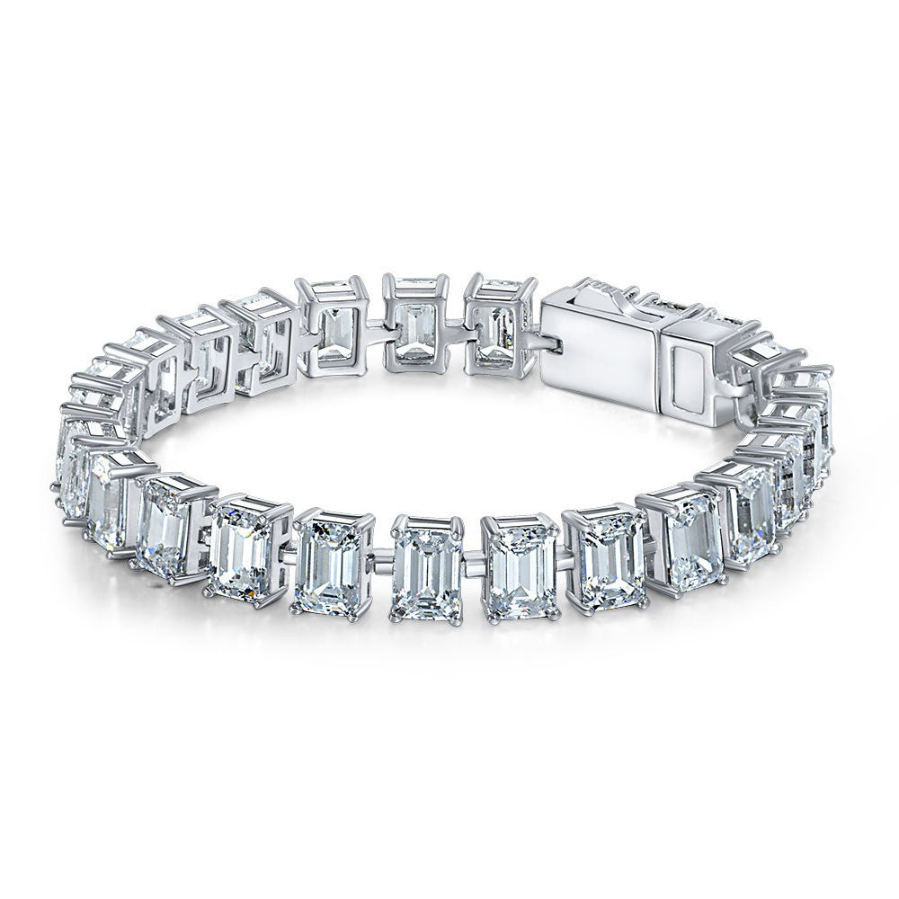 Pulsera de tenis de plata S925 con diamante de alto carbono corte esmeralda claro, piedras rectangulares de 5 mm x 7 mm, pulsera de línea elegante y clásica de moda con cierre de caja, regalo para boda, fiesta o aniversario