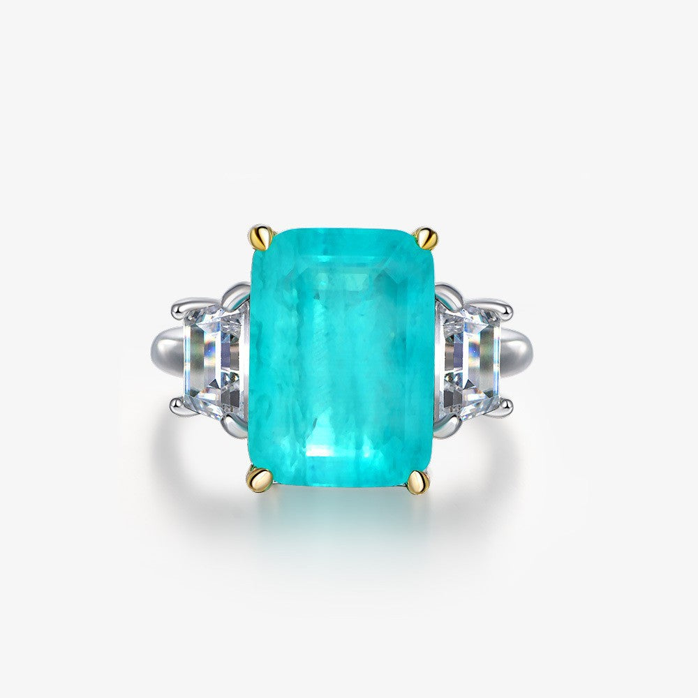Anillo de tres piedras de plata esterlina 925 con zafiro sintético azul Paraíba rectangular
