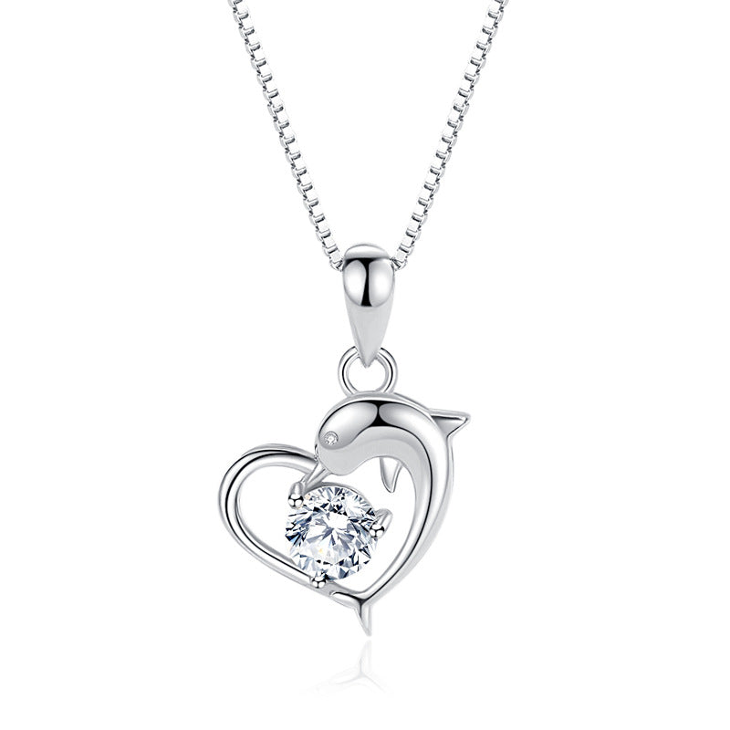 Dolphin Heart Shaped Zircon 925 Sterling Silver Pendant