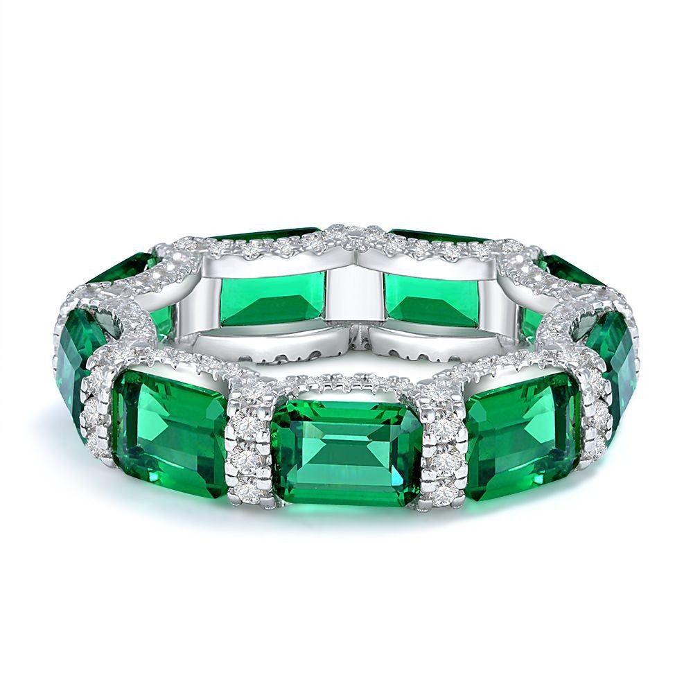 Anillo de Plata Esterlina 925 de Circonia Sintética Esmeralda Verde Corte Esmeralda de Eternidad de Círculo Completo