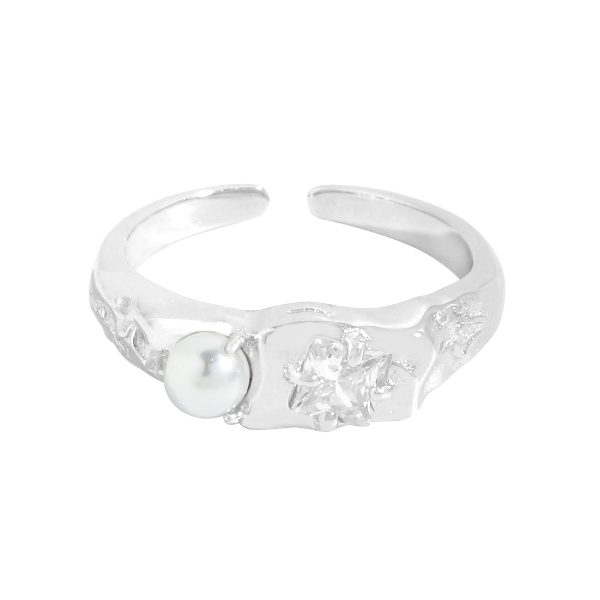 Minimalist Geometric Black Stone and Pearl Adjustable 925 Sterling Silver Ring
