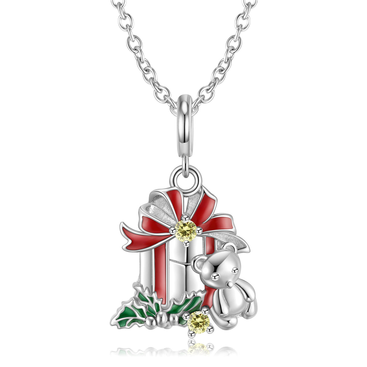 Christmas Bear and Gift Box Cubic Zirconia Pendant Necklace in Sterling Silver for Women Holiday Fashion Jewelry Gift with 45cm Chain
