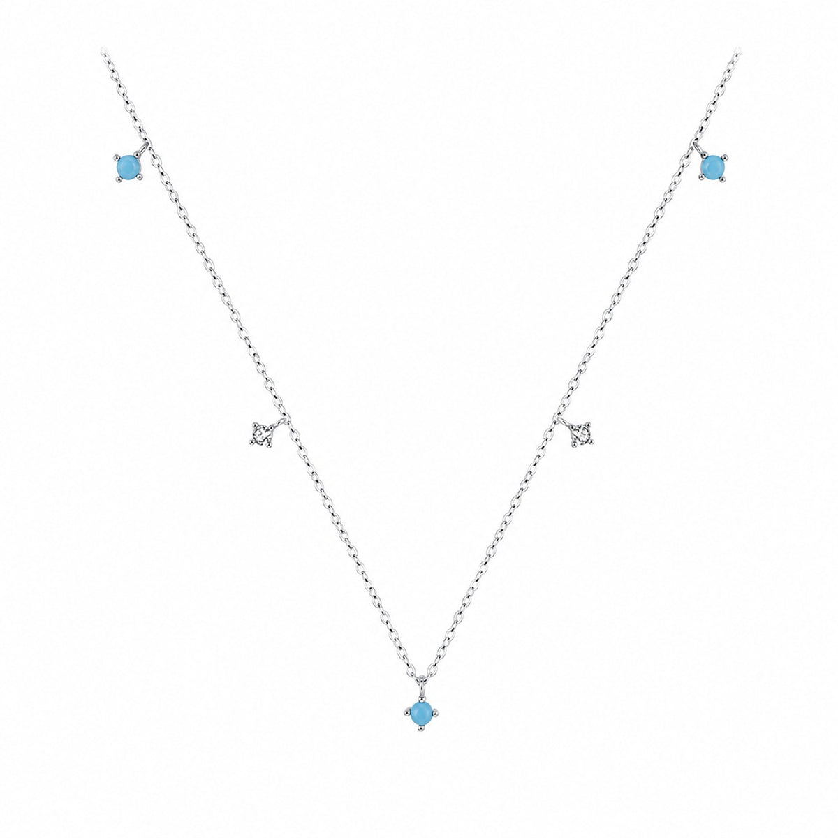 Geometric Pattern Turquoise And Cubic Zirconia 925 Silver Necklace