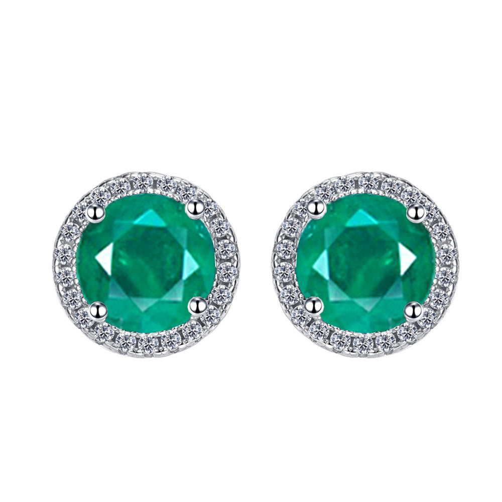 Cubic Zirconia Halo Round Green Simulated Emerald 925 Sterling Silver Stud Earrings for Women Modern Geometric Classic Elegant Fashion Office Casual Party Gift Jewelry