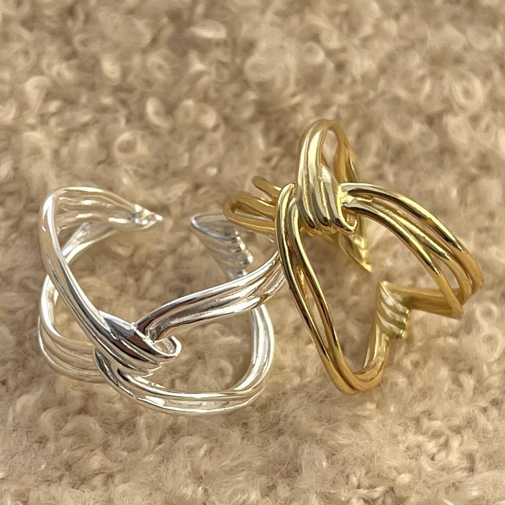 Elegant Heart Knot Design Adjustable 925 Sterling Silver and 18K Gold Plated Ring for Women Modern Fashion Jewelry Simple Style