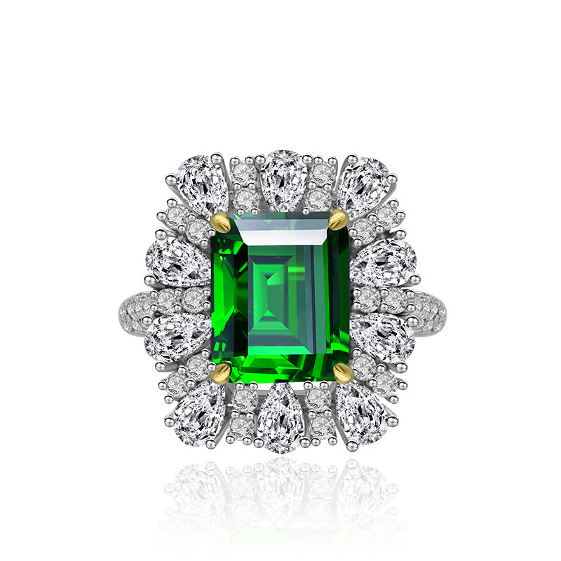 Anillo de plata S925 con corona halo de circonia esmeralda sintética cortada en esmeralda verde