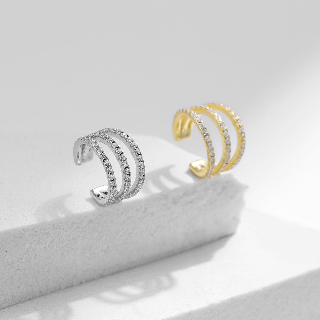 Geometric Design U-Shaped Adjustable Ear Cuff Earrings with Micro Setting Cubic Zirconia in 925 Sterling Silver and Gold Plating for Women Fashion Jewelry