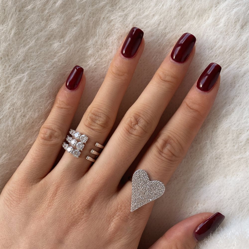 Anniversary Micro Setting CZ Heart Claws 925 Sterling Silver Adjustable Ring