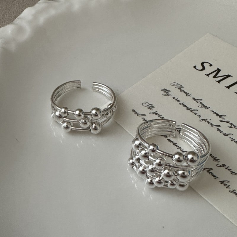 Graduation Multi Beads Layers 925 Sterling Silver Adjustable Ring