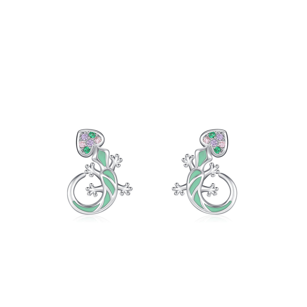 Rainbow Cube Zirconium Blue Mint Green Enamel Lizard-shaped 925 Silver Earrings