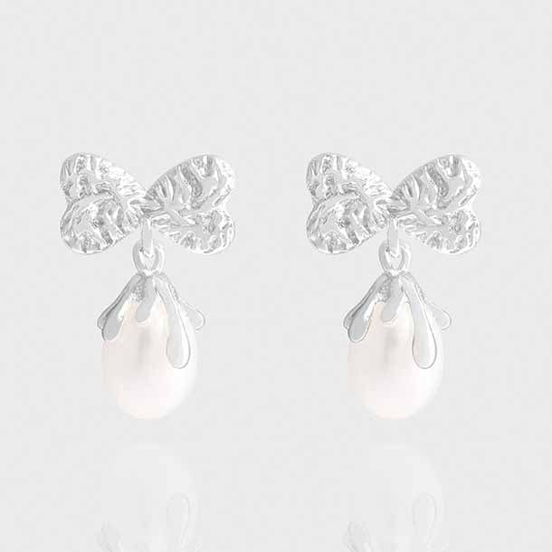 Women Oval Natural Pearl Bow-Knot 925 Sterling Silver Dangling Earrings