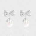 Women Oval Natural Pearl Bow-Knot 925 Sterling Silver Dangling Earrings