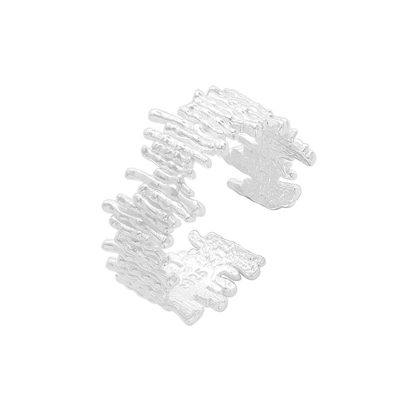 Unique Geometric Textured Wood Grain Pattern Adjustable 925 Sterling Silver Ring