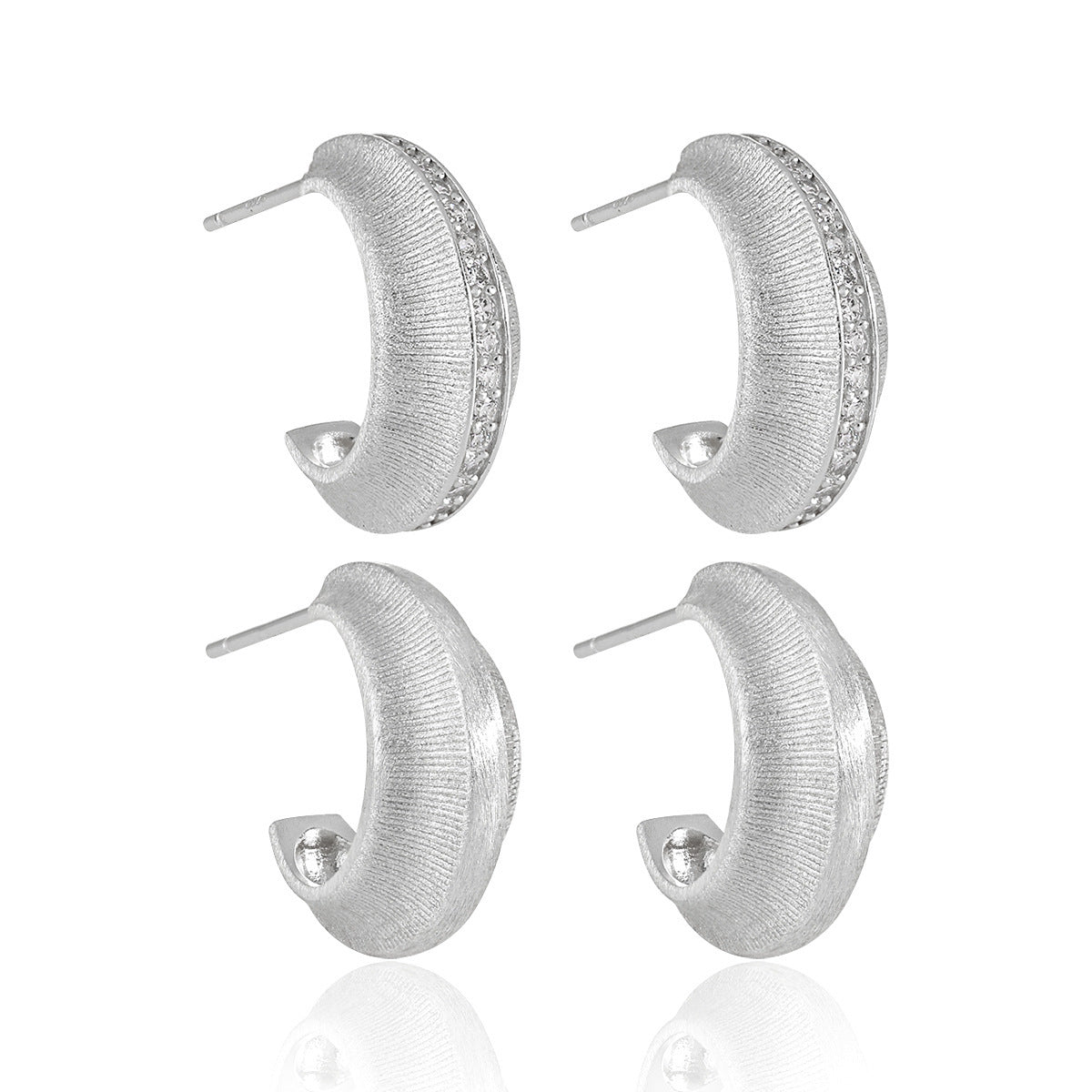 Modern Minimalist Matte Finish Geometric Cubic Zirconia in 925 Sterling Silver and 18K Gold Plated Hoop Earrings