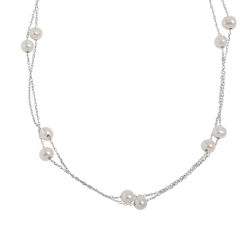 Collar de cadena geométrica de plata esterlina S925 con perlas de agua dulce de doble capa