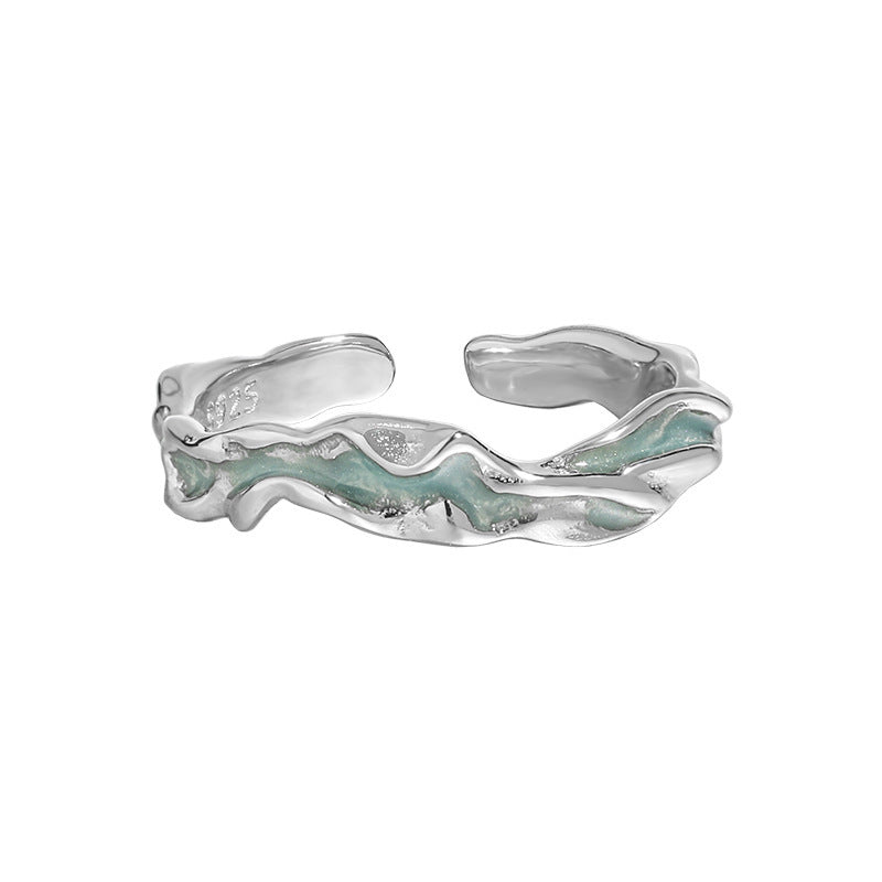 Anillo Ajustable Abierto de Plata Esterlina S925 con Epoxi Verde Agua y Textura Ondulada Irregular