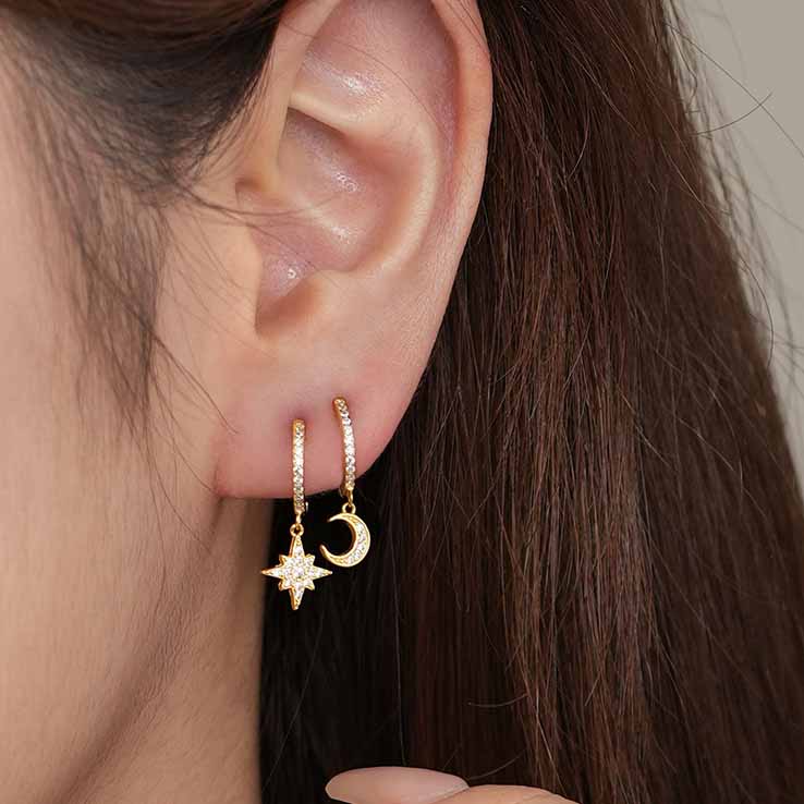 Women Irregular CZ Crescent Moon Star 925 Sterling Silver Dangling Earrings