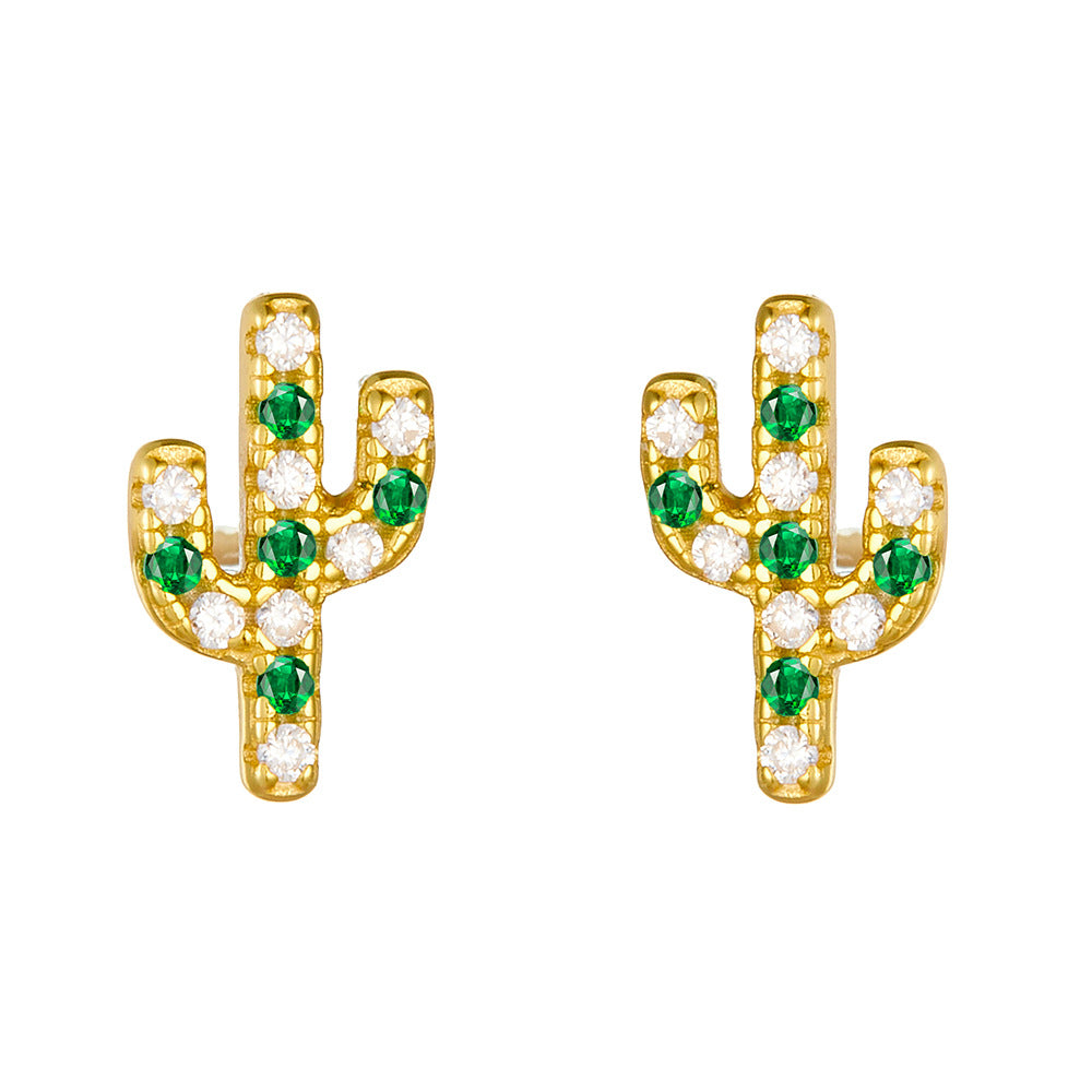 Pendientes de cactus con circonia cúbica verde y transparente en plata de ley 925